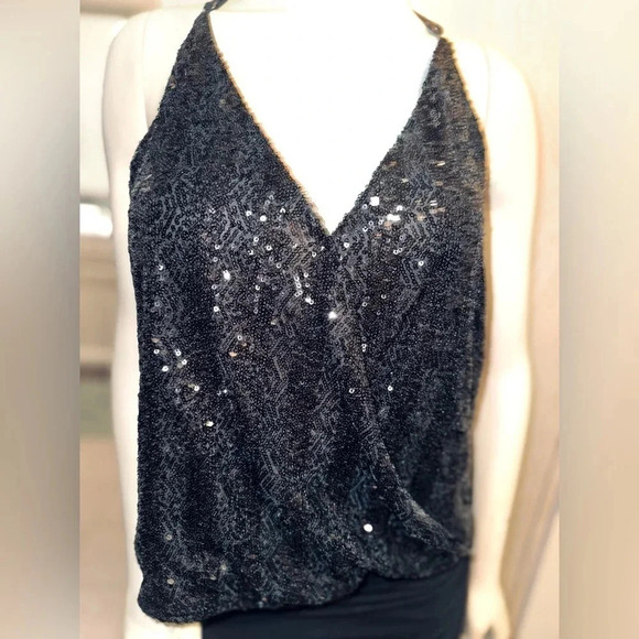 LOVE ON A HANGER SEXY BLACK SEQUIN PLUNGING NECKLINE TANK TOP LARGE - Picture 2 of 7